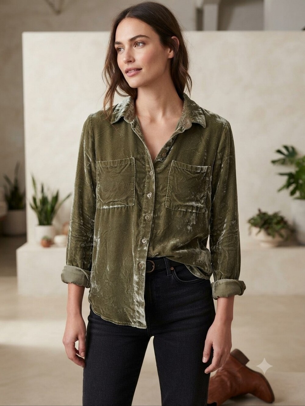 Anthropologie Pilcro Hadley Velvet Button Down Shirt Size S Olive Green Relaxed